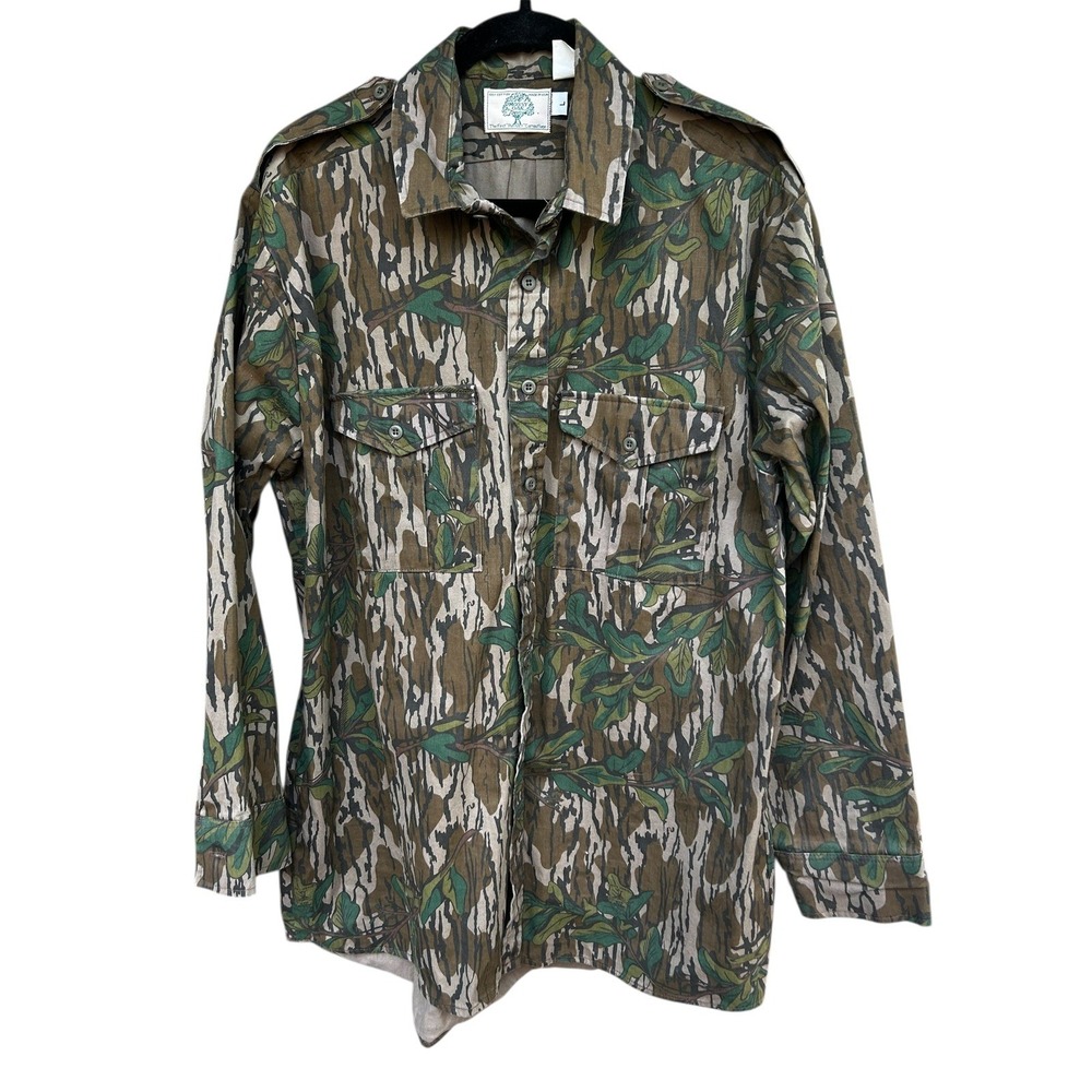 Vintage 80s Mossy Oak Green Leaf Camo Long‎ Sleeve Shirt Mens Small Made USA